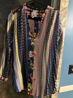 Johnny Was Striped Patchwork V-Neck Tunic in Navy, Yellow, Pink